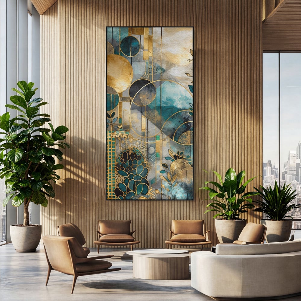Tablou canvas cu compozitie abstracta cu forme geometrice si frunze, in rama de aluminiu negru, pe perete intr-un birou
